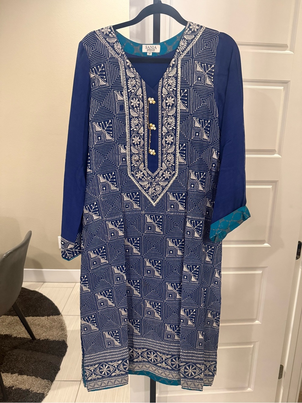 Sanita Navy Long Sleeve Embroidered Tunic Dress